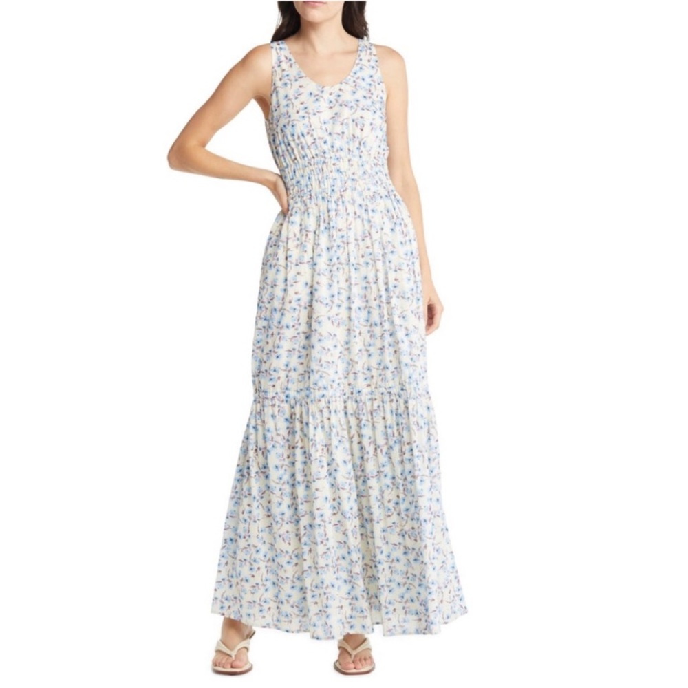 Something Navy Cotton White Ditsy Floral Sleeveless Tiered Maxidress Size XL